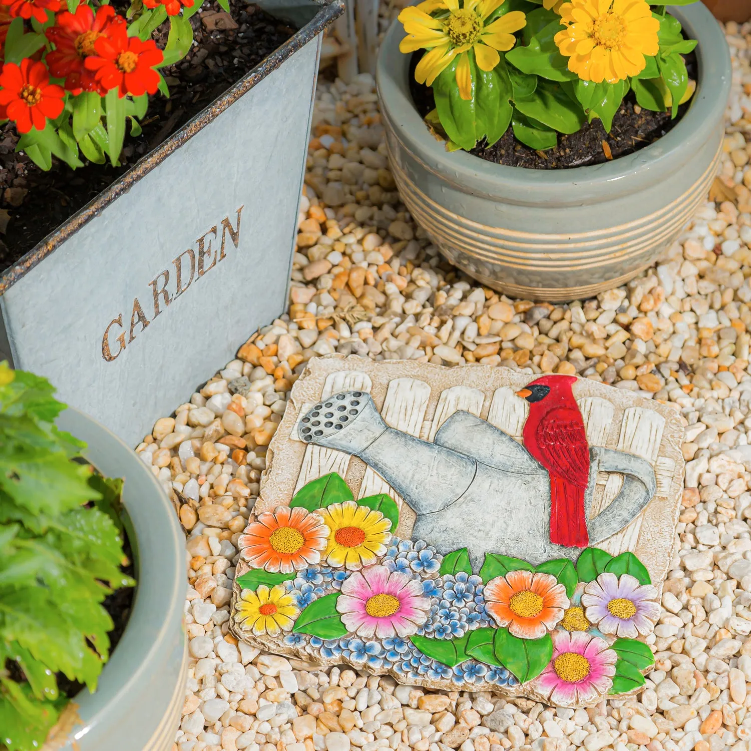 11" Garden Stone, Cardinal and Watering Can in Florals,84g3283a