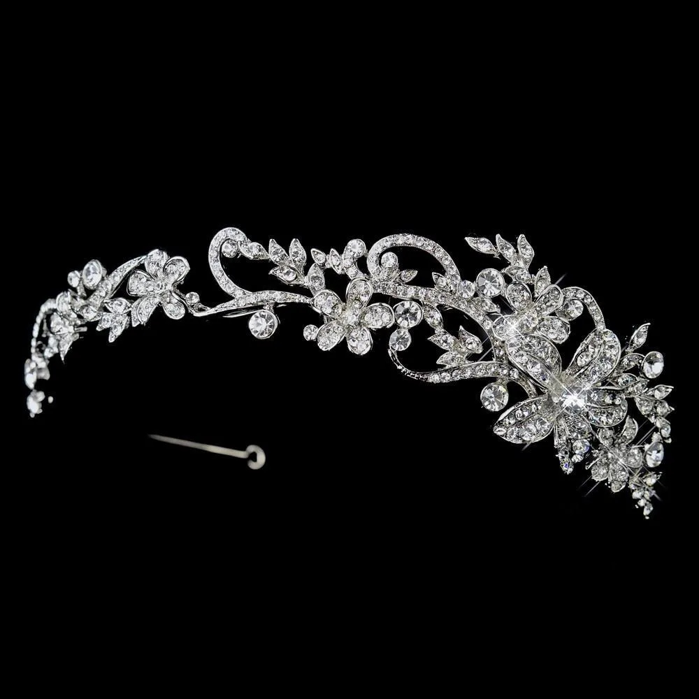 Antique Silver Crystal Floral Leaf Vine Side Accented Headband