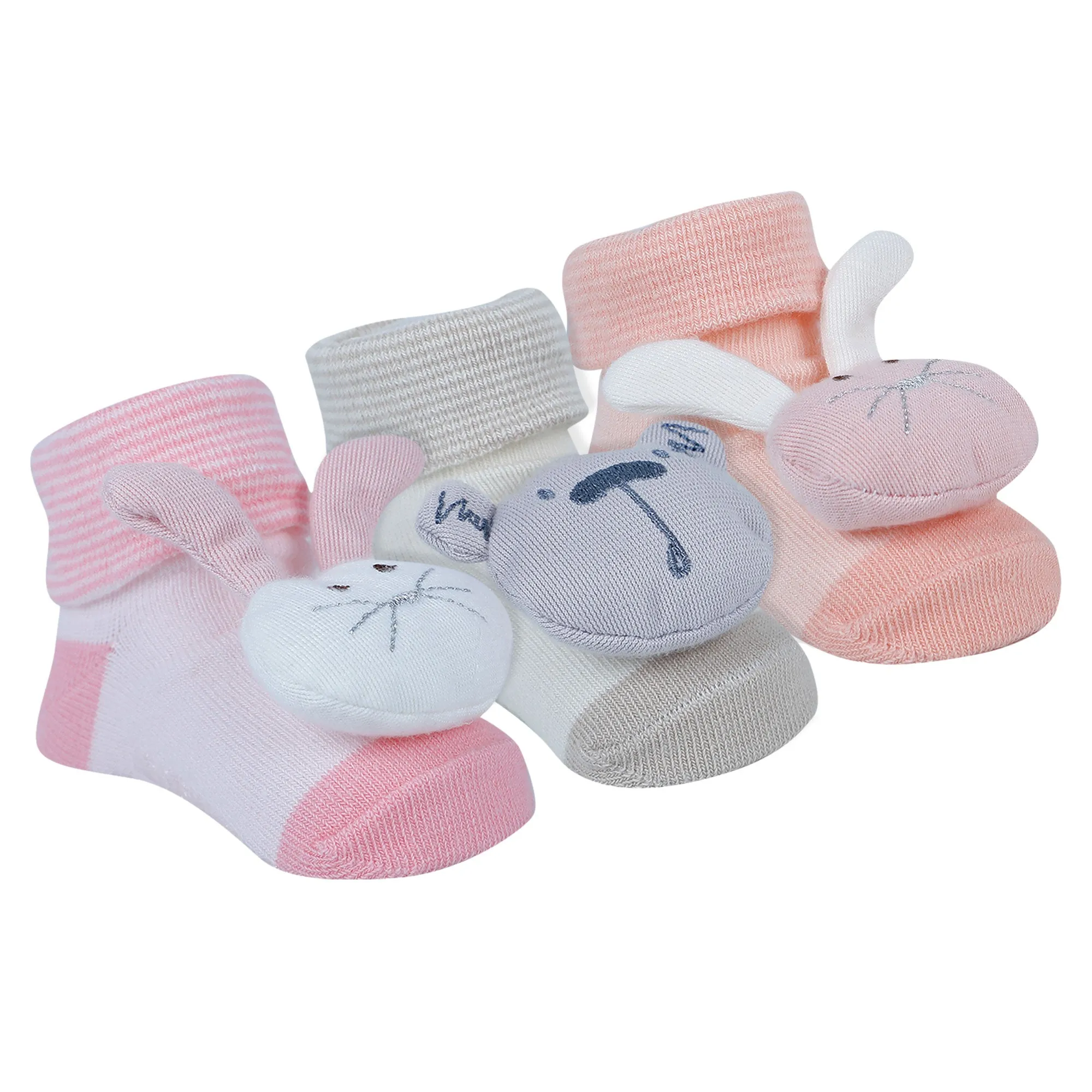 Baby Moo Bunny Bear 3D Rattle Anti-Skid Socks Booties Pack of 3 - Pink, Beige