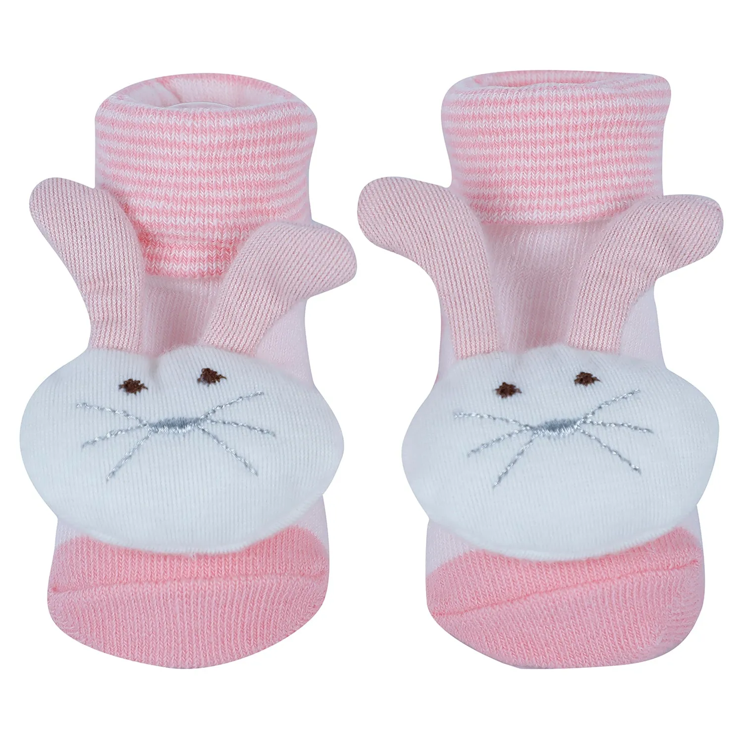 Baby Moo Bunny Bear 3D Rattle Anti-Skid Socks Booties Pack of 3 - Pink, Beige