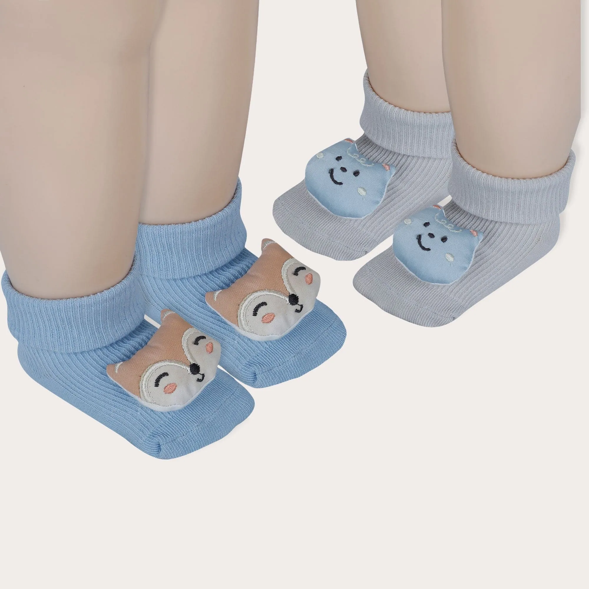 Baby Moo Deer And Cat 3D Rattle Anti-Skid Socks Booties Pack of 2 - Blue, Grey