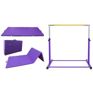 BalanceFrom Fitness 120" x 48" Exercise Mat & Adjustable Gymnastics Bar, Purple