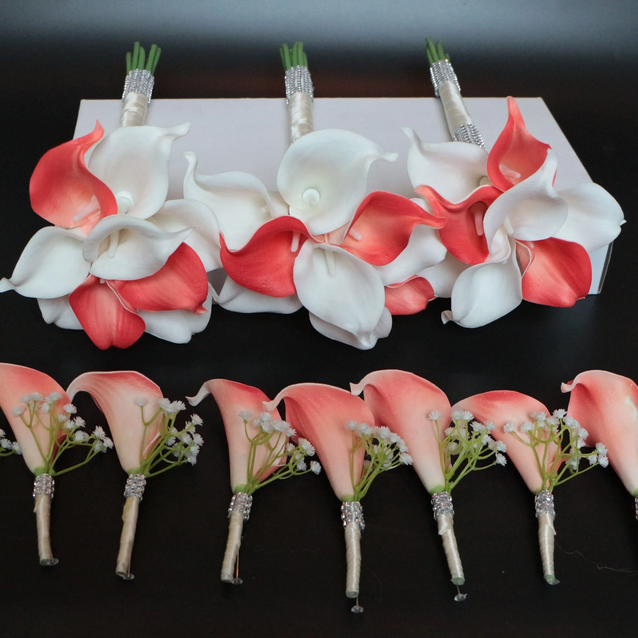 Calla Lily Bouquets Coral and White Wedding Flowers Corsages