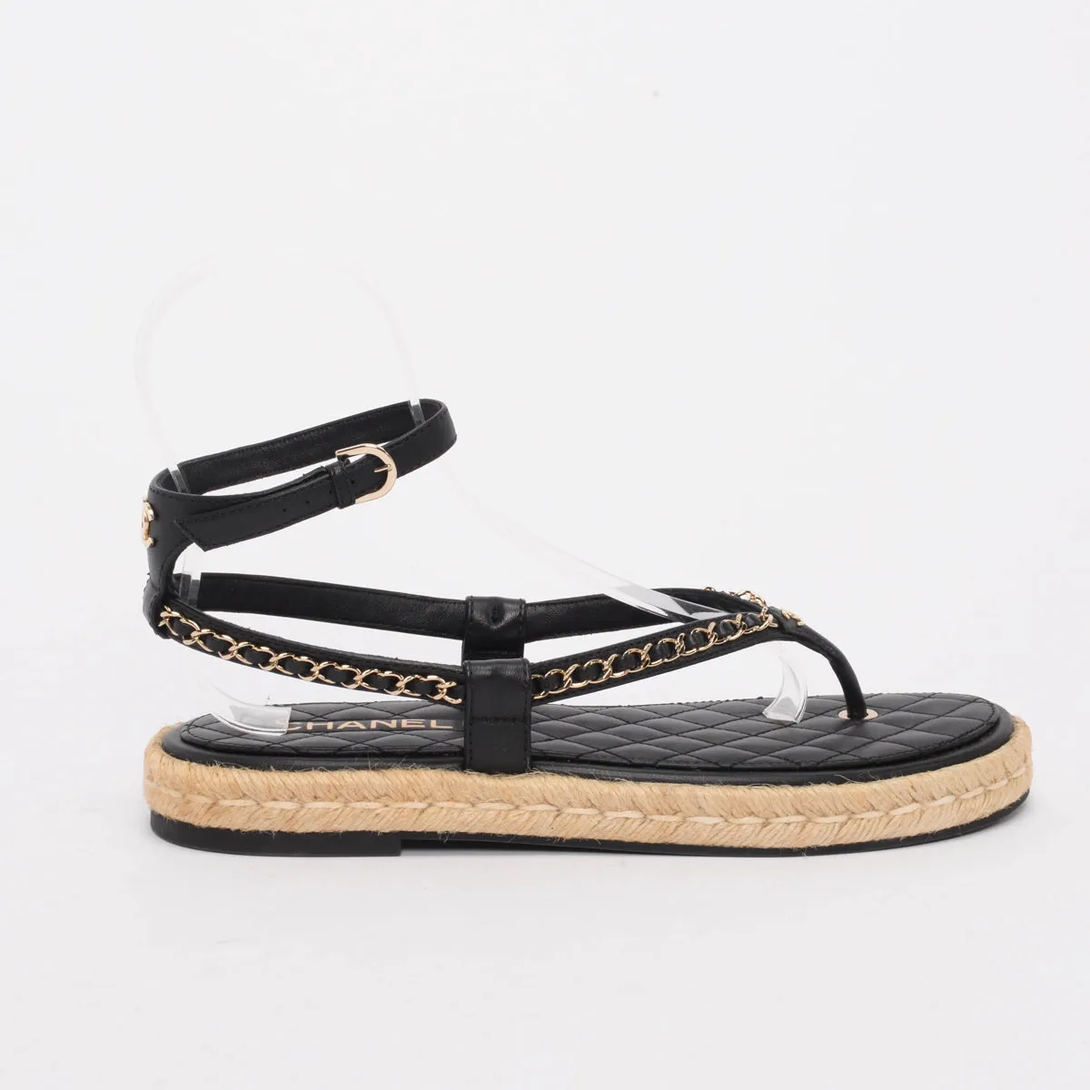 Chanel Black Lambskin Chain CC Thong Sandals 42