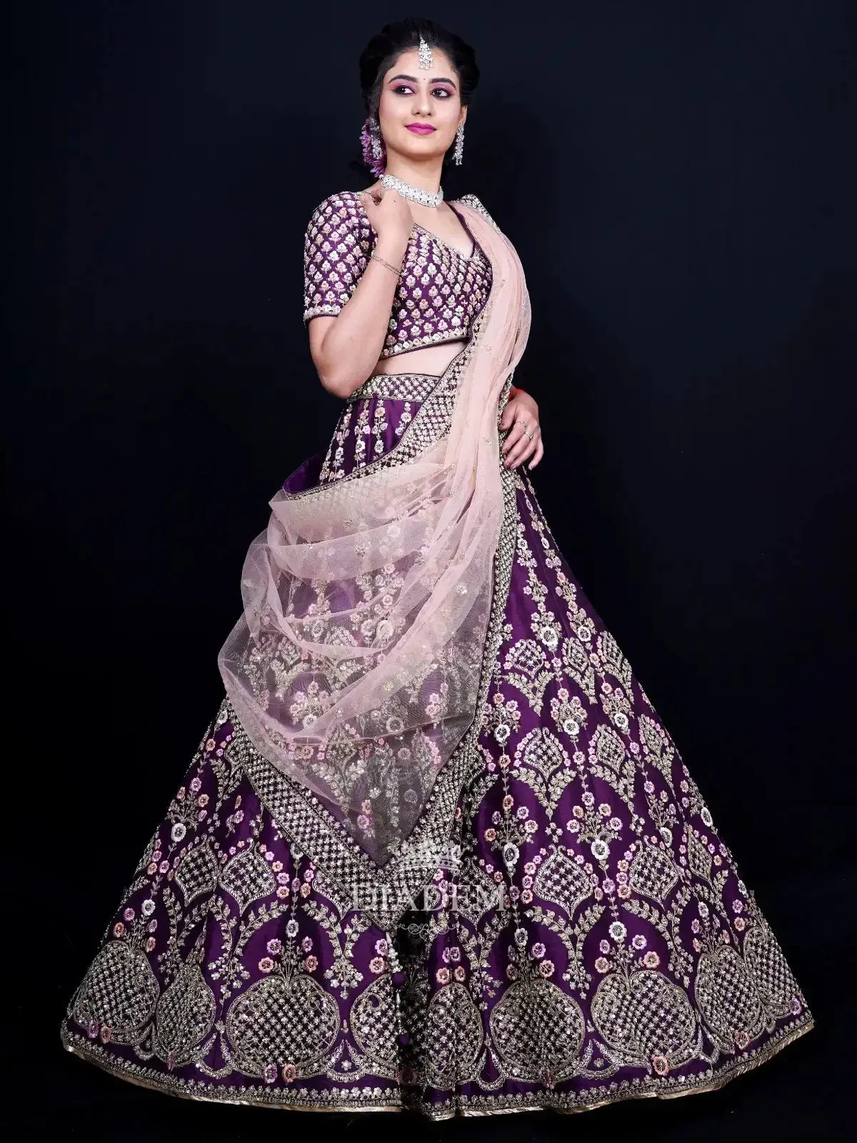 Dark Purple Bridal Lehenga Embellished in Floral Design Embroidery with Dupatta