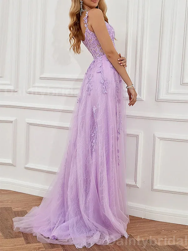 Elegant Spaghtti Straps A-line Tulle Lilac Applique Side Slit Evening Prom Dress Online, OL068