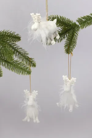 Glittery and Fluffy White Cartoon Reindeer Ornaments