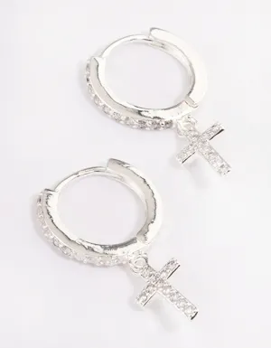 Silver Plated Cubic Zirconia Cross Drop Huggie Earrings