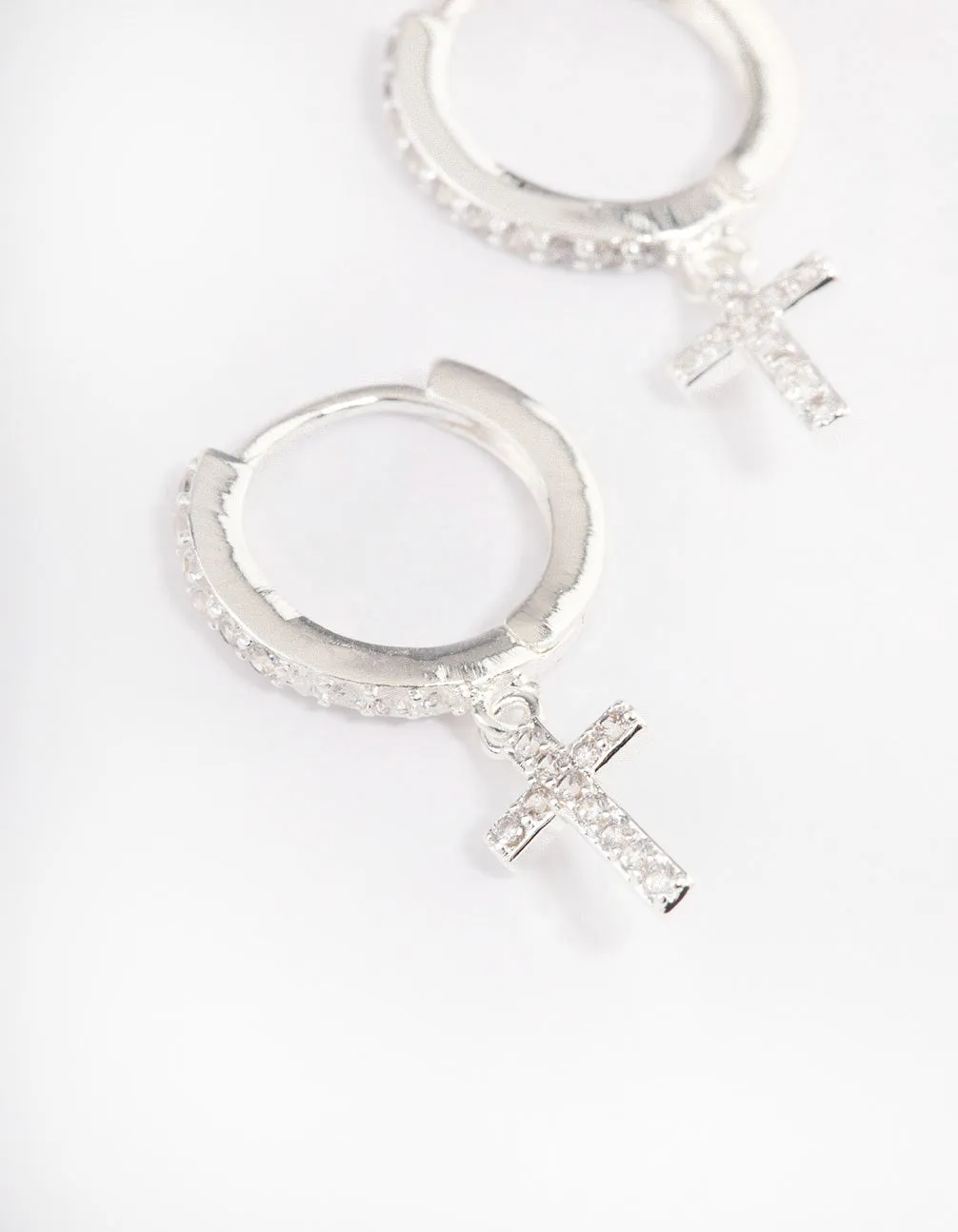 Silver Plated Cubic Zirconia Cross Drop Huggie Earrings