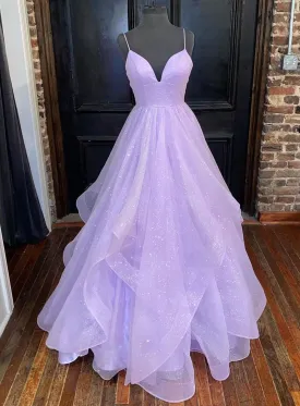 Solvbao A-line Lavender Shiny Tulle Prom Dress, Long Spaghetti Strap Evening Dresses