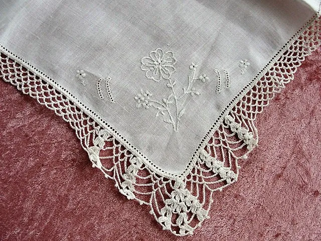 Vintage BRIDAL WEDDING Handkerchief WIDE Hand Crochet Lace Hankie Special Bridal Hanky, WhiteWork Flowers Embroidery, Collectible Hankies