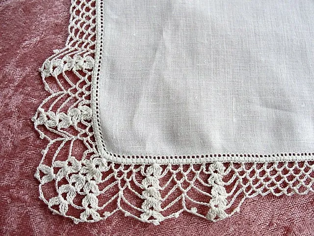 Vintage BRIDAL WEDDING Handkerchief WIDE Hand Crochet Lace Hankie Special Bridal Hanky, WhiteWork Flowers Embroidery, Collectible Hankies